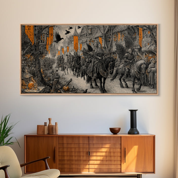 The Monster Parade, Renaissance Engraving Art, Wide Panoramic Art, Dark Fantasy Wall Art, Framed Canvas Print, Halloween Wall Art