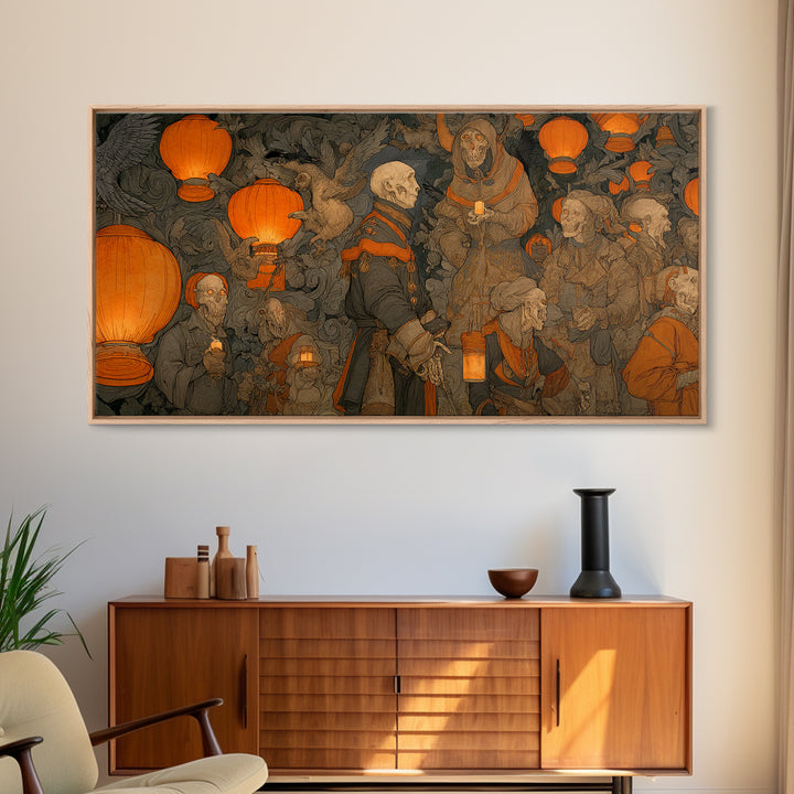 The Monster Parade, Danse Macabre Art, Wide Panoramic Art, Macabre Wall Art, Framed Canvas Print, Halloween Wall Art
