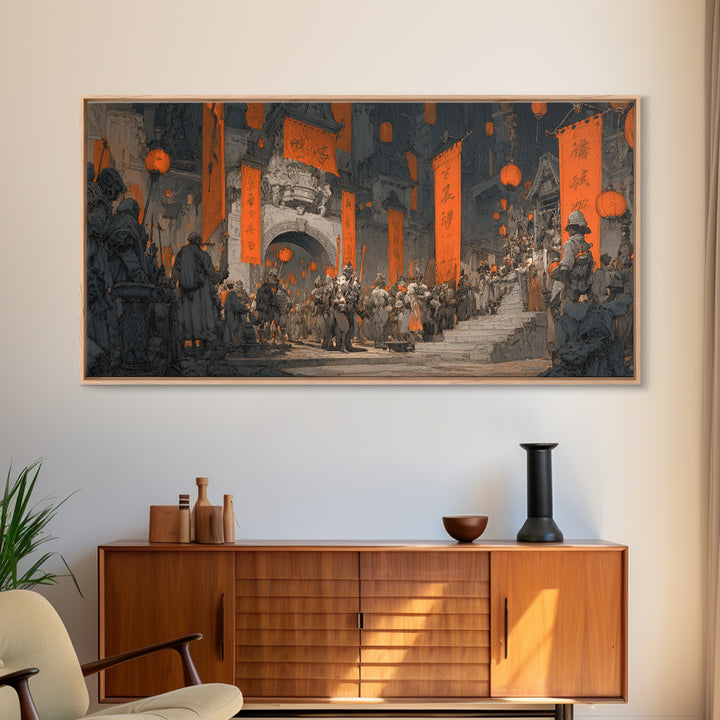 The Monster Parade, Architectural Etching Art, Wide Panoramic Art, Macabre Wall Art, Canvas Print, Halloween Wall Art