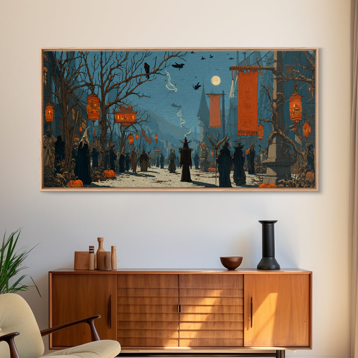 The Monster Parade, Romantic Gothic Landscape, Wide Panoramic Art, Dark Halloween Decor, Canvas Print, Halloween Wall Art