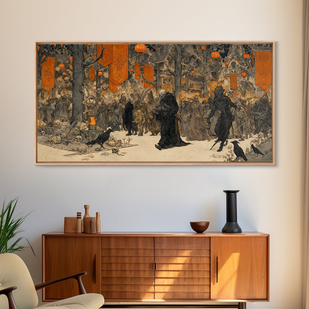 The Monster Parade, Decadent Gothic Art, Wide Panoramic Art, Gothic Horror Wall Art, Framed Canvas Print, Halloween Wall Art