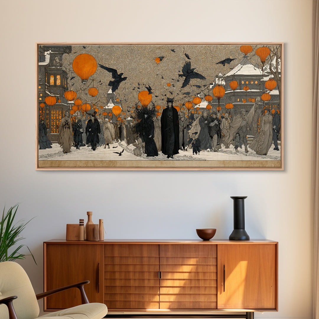 The Monster Parade, Symbolist Death Art, Wide Panoramic Art, Gothic Horror Wall Art, Canvas Print, Halloween Wall Art
