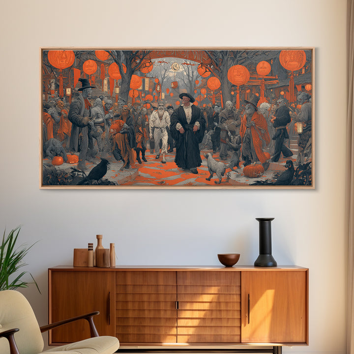 The Monster Parade, Symbolist Etching Art, Wide Panoramic Art, Gothic Horror Wall Art, Canvas Print, Halloween Wall Art, Halloween Decor