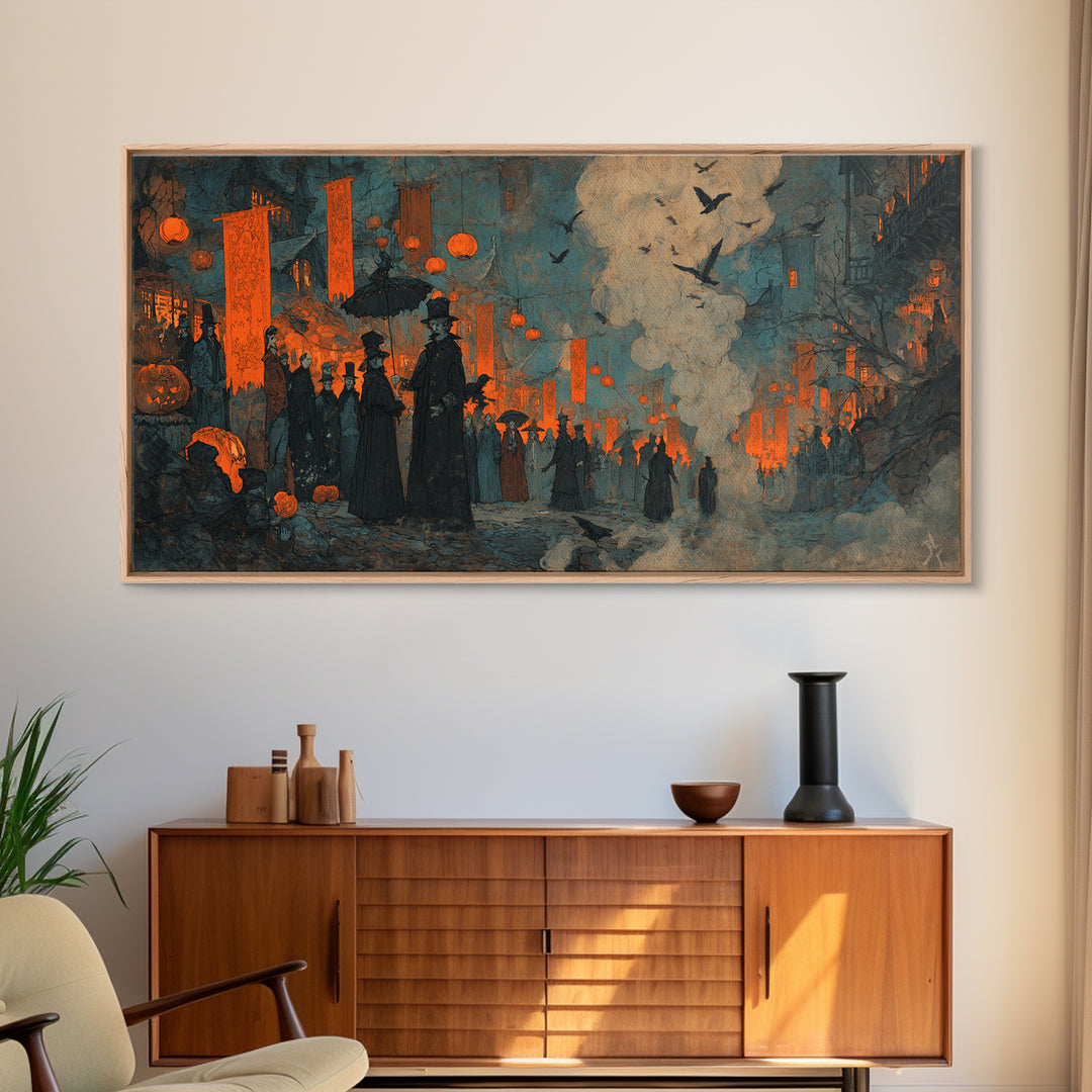 The Monster Parade, Expressionist Gothic Art, Wide Panoramic Art, Dark Halloween Decor, Canvas Print, Halloween Wall Art
