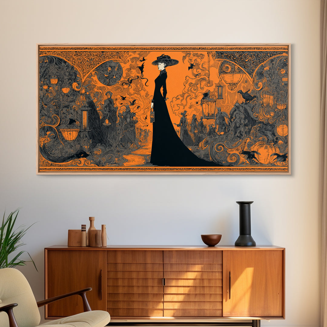 The Monster Parade, Decadent Line Art, Wide Panoramic Art, Gothic Horror Wall Art, Framed Canvas Print, Halloween Wall Art