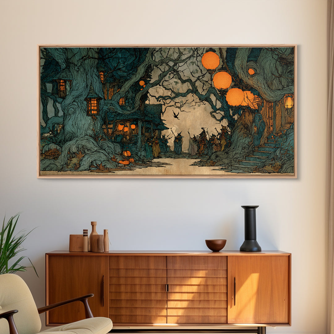 The Monster Parade, Gothic Storybook Art, Wide Panoramic Art, Dark Fantasy Wall Art, Framed Canvas Print, Halloween Wall Art
