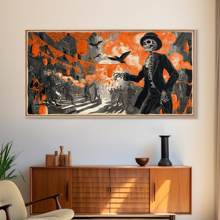 The Monster Parade, Macabre Folk Print Art, Wide Panoramic Art, Gothic Horror Wall Art, Canvas Print, Halloween Wall Art