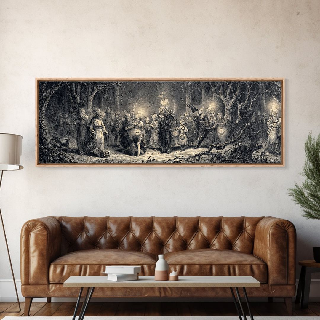 The Trick-Or-Treat Procession, Gothic Engraving Art, Extra Wide Wall Art, Dark Fantasy Wall Art, Framed Canvas Print, Spooky Wall Decor