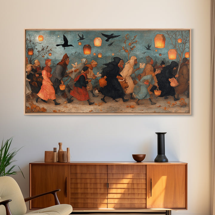 The Trick-Or-Treat Procession, Northern Renaissance Horror, Wide Panoramic Art, Dark Fantasy Wall Art, Canvas Print