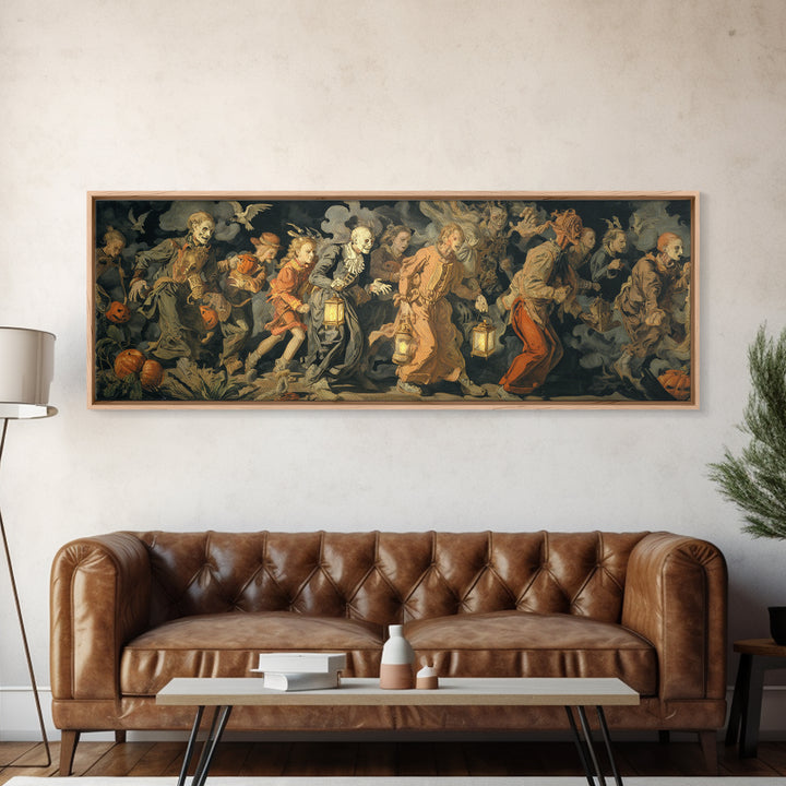 The Trick-Or-Treat Procession, Dark Renaissance Art, Extra Wide Wall Art, Dark Halloween Decor, Framed Canvas Print