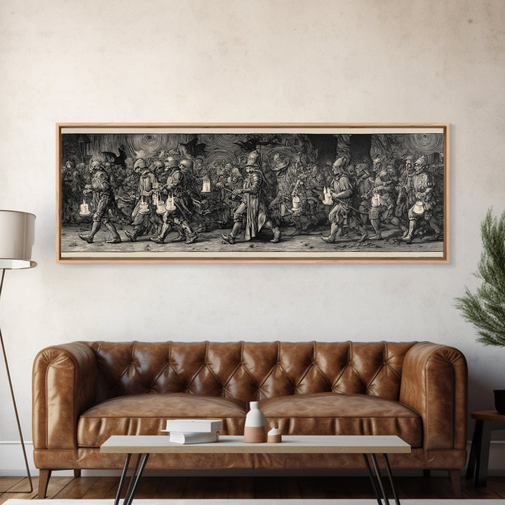 The Trick-Or-Treat Procession, Renaissance Engraving Art, Extra Wide Wall Art, Macabre Wall Art, Canvas Print, Halloween Wall Art