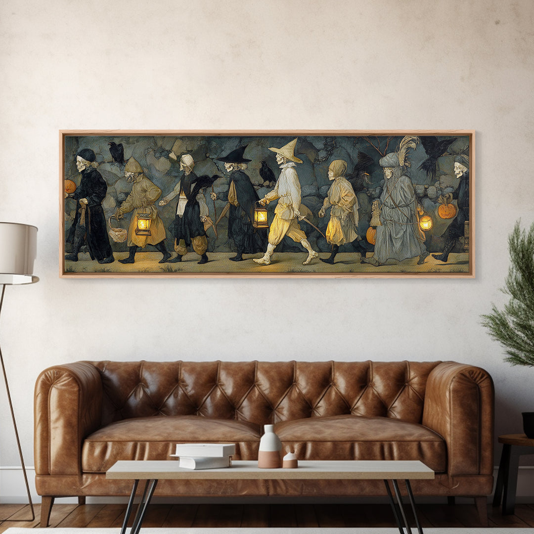 The Trick-Or-Treat Procession, Danse Macabre Art, Extra Wide Wall Art, Dark Halloween Decor, Canvas Print