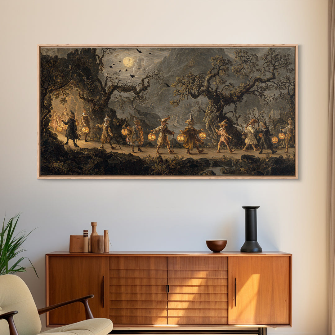 The Trick-Or-Treat Procession, Baroque Witchcraft Art, Wide Panoramic Art, Macabre Wall Art, Canvas Print, Halloween Wall Art