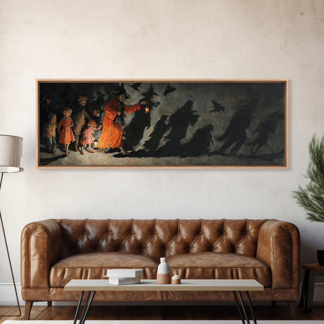 The Trick-Or-Treat Procession, Dark Romantic Horror Art, Extra Wide Wall Art, Gothic Horror Wall Art, Framed Canvas Print