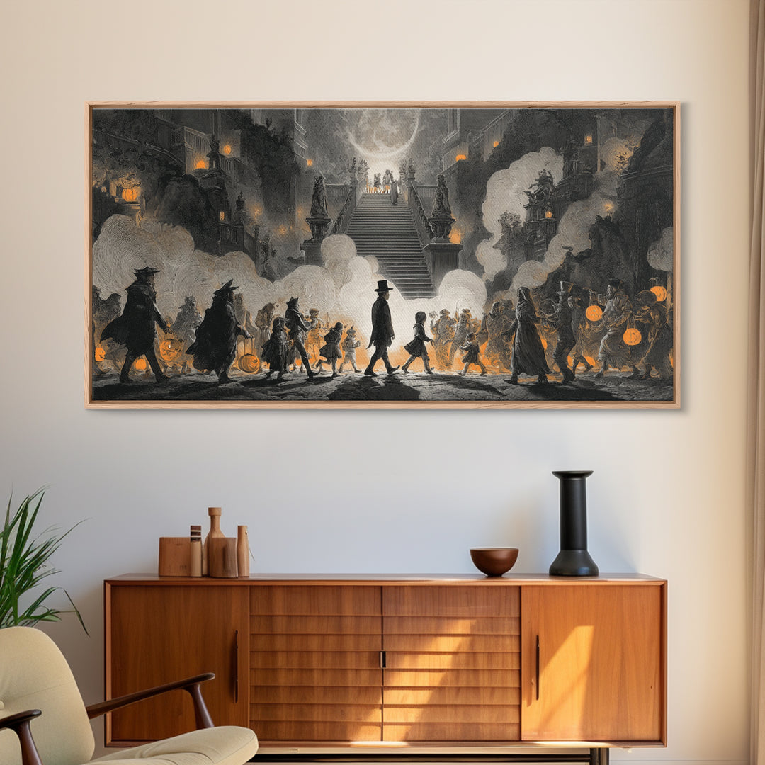 The Trick-Or-Treat Procession, Architectural Etching Art, Wide Panoramic Art, Macabre Wall Art, Framed Canvas Print