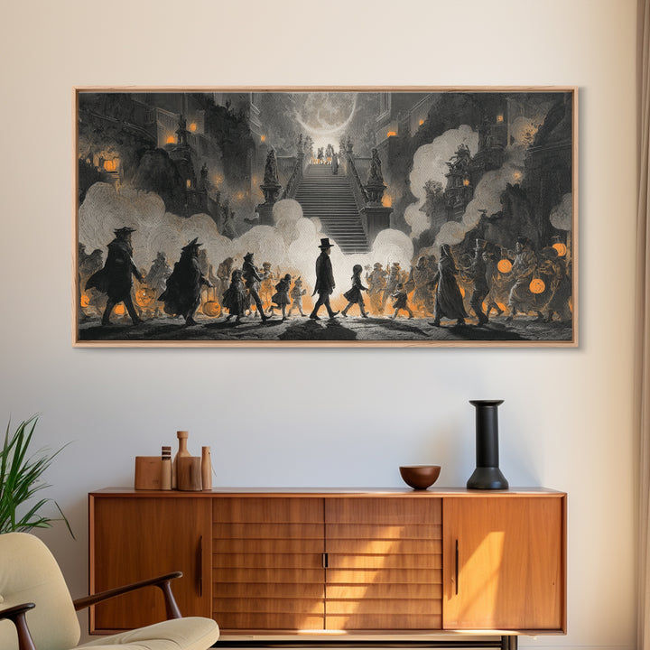 The Trick-Or-Treat Procession, Architectural Etching Art, Wide Panoramic Art, Macabre Wall Art, Framed Canvas Print