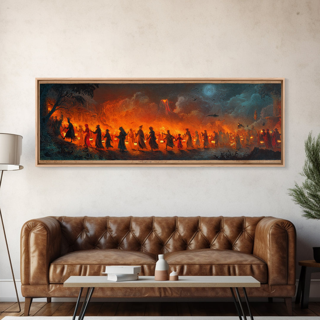 The Trick-Or-Treat Procession, Apocalyptic Romantic Art, Extra Wide Wall Art, Dark Halloween Decor, Framed Canvas Print, Halloween Wall Art