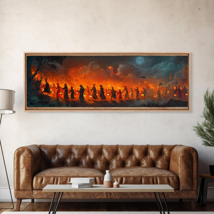 The Trick-Or-Treat Procession, Apocalyptic Romantic Art, Extra Wide Wall Art, Dark Halloween Decor, Framed Canvas Print, Halloween Wall Art