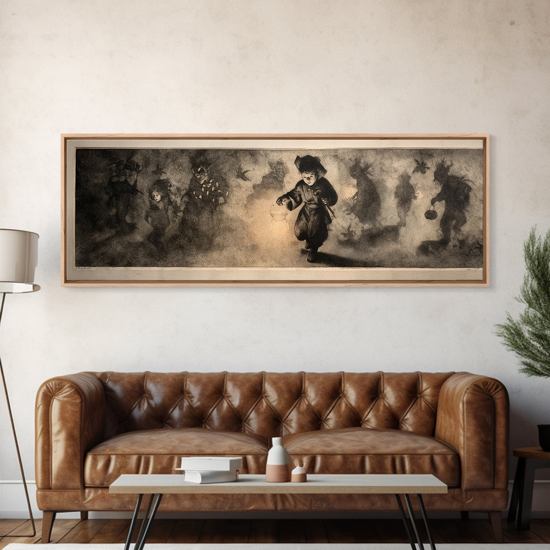 The Trick-Or-Treat Procession, Symbolist Dream Art, Extra Wide Wall Art, Dark Fantasy Wall Art, Canvas Print, Halloween Wall Art