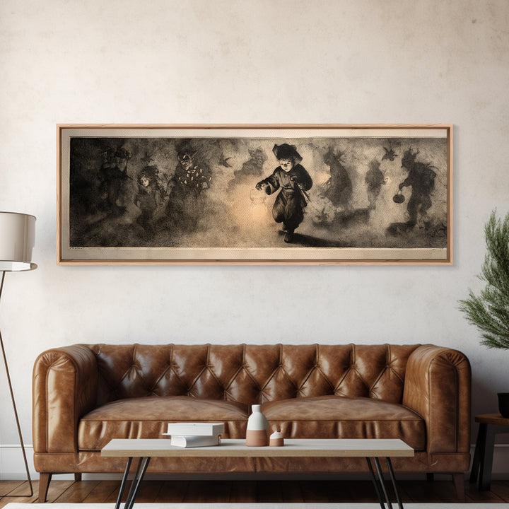 The Trick-Or-Treat Procession, Symbolist Dream Art, Extra Wide Wall Art, Dark Fantasy Wall Art, Canvas Print, Halloween Wall Art