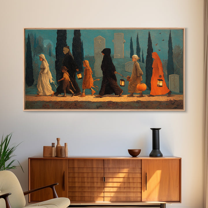 The Trick-Or-Treat Procession, Symbolist Gothic Landscape, Wide Panoramic Art, Gothic Horror Wall Art, Framed Canvas Print