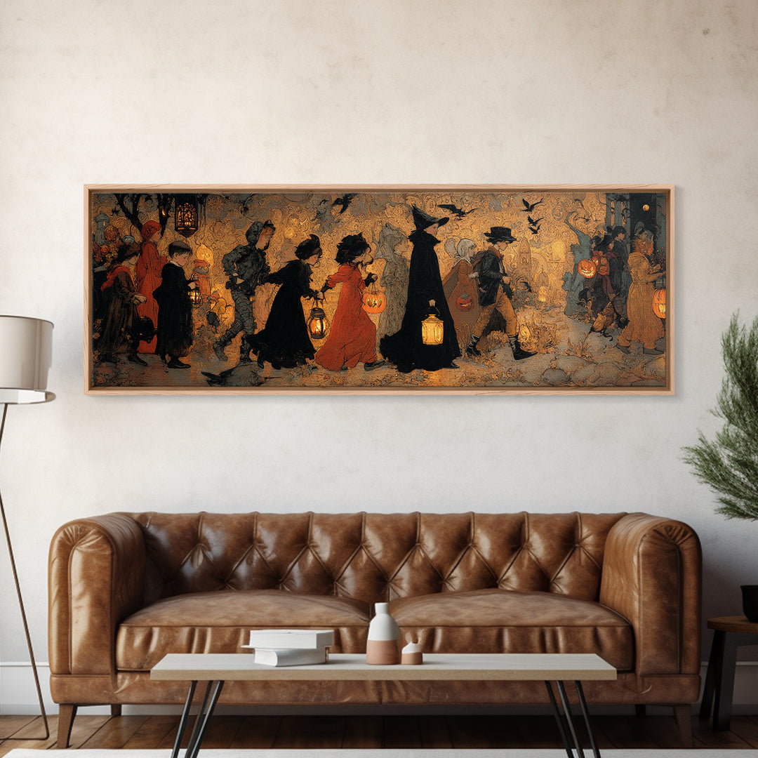 The Trick-Or-Treat Procession, Ornate Symbolist Art, Extra Wide Wall Art, Dark Halloween Decor, Canvas Print, Halloween Wall Art