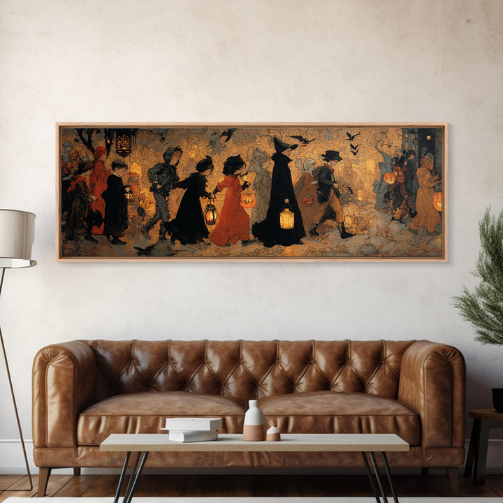 The Trick-Or-Treat Procession, Ornate Symbolist Art, Extra Wide Wall Art, Dark Halloween Decor, Canvas Print, Halloween Wall Art