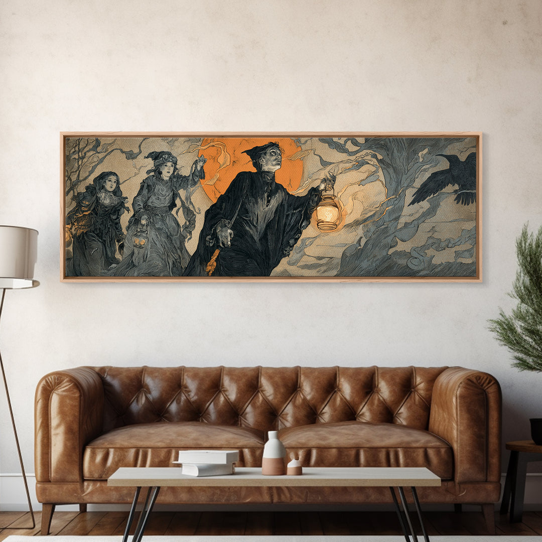 The Trick-Or-Treat Procession, Symbolist Etching Art, Extra Wide Wall Art, Gothic Horror Wall Art, Canvas Print, Halloween Wall Art