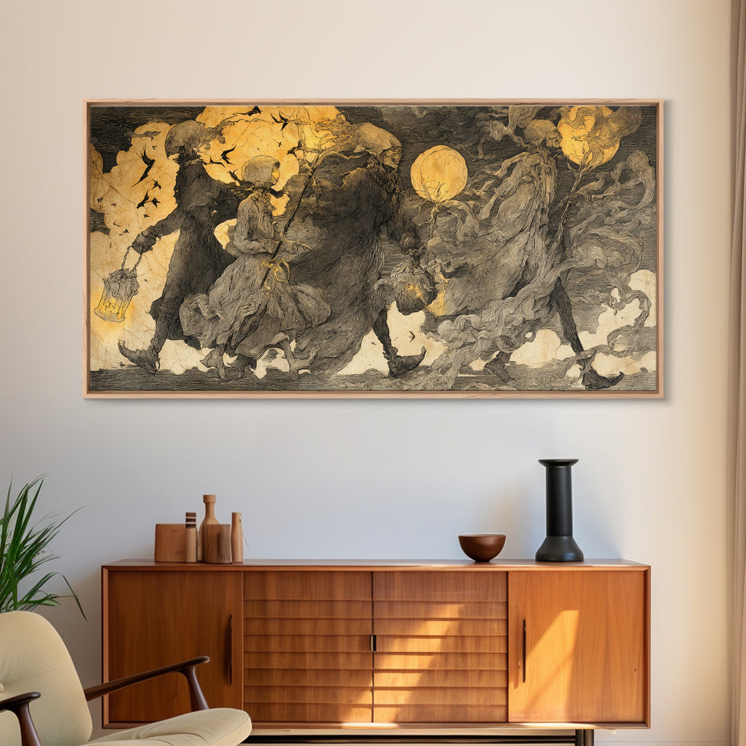 The Trick-Or-Treat Procession, Expressionist Nightmare Art, Wide Panoramic Art, Dark Fantasy Wall Art, Canvas Print, Halloween Wall Art