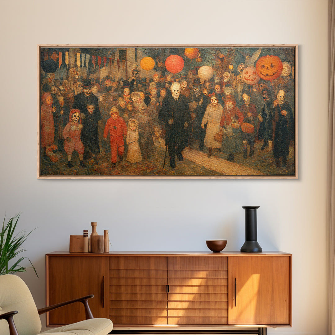 The Trick-Or-Treat Procession, Grotesque Carnival Art, Wide Panoramic Art, Gothic Horror Wall Art, Canvas Print, Halloween Wall Art