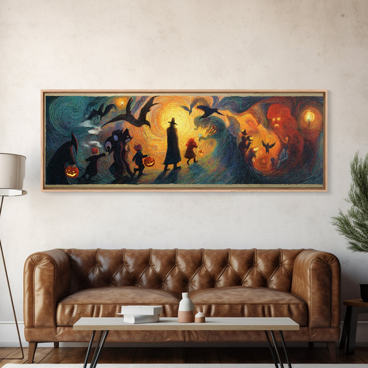 The Trick-Or-Treat Procession, Expressionist Gothic Art, Extra Wide Wall Art, Macabre Wall Art, Framed Canvas Print, Halloween Wall Art