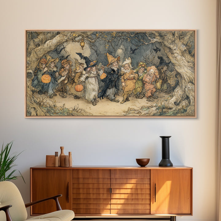 The Trick-Or-Treat Procession, Gothic Storybook Art, Wide Panoramic Art, Macabre Wall Art, Framed Canvas Print, Halloween Wall Art