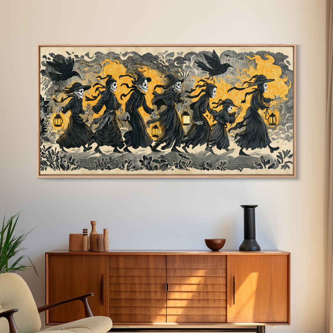 The Trick-Or-Treat Procession, Macabre Folk Print Art, Wide Panoramic Art, Dark Halloween Decor, Canvas Print