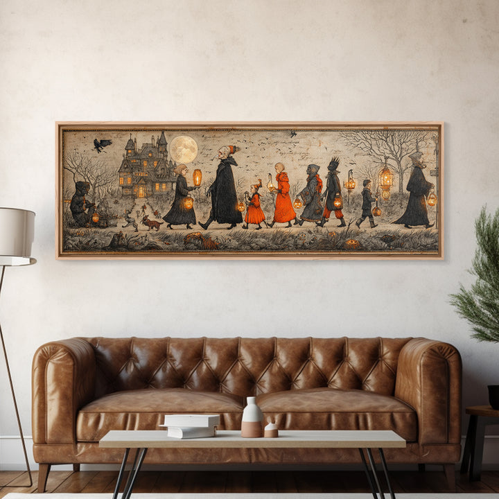 The Trick-Or-Treat Procession, Victorian Macabre Art, Extra Wide Wall Art, Dark Halloween Decor, Canvas Print, Halloween Wall Art