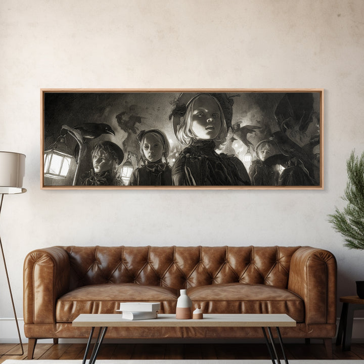 The Trick-Or-Treat Procession, Biomechanical Horror Art, Extra Wide Wall Art, Dark Halloween Decor, Canvas Print, Halloween Wall Art
