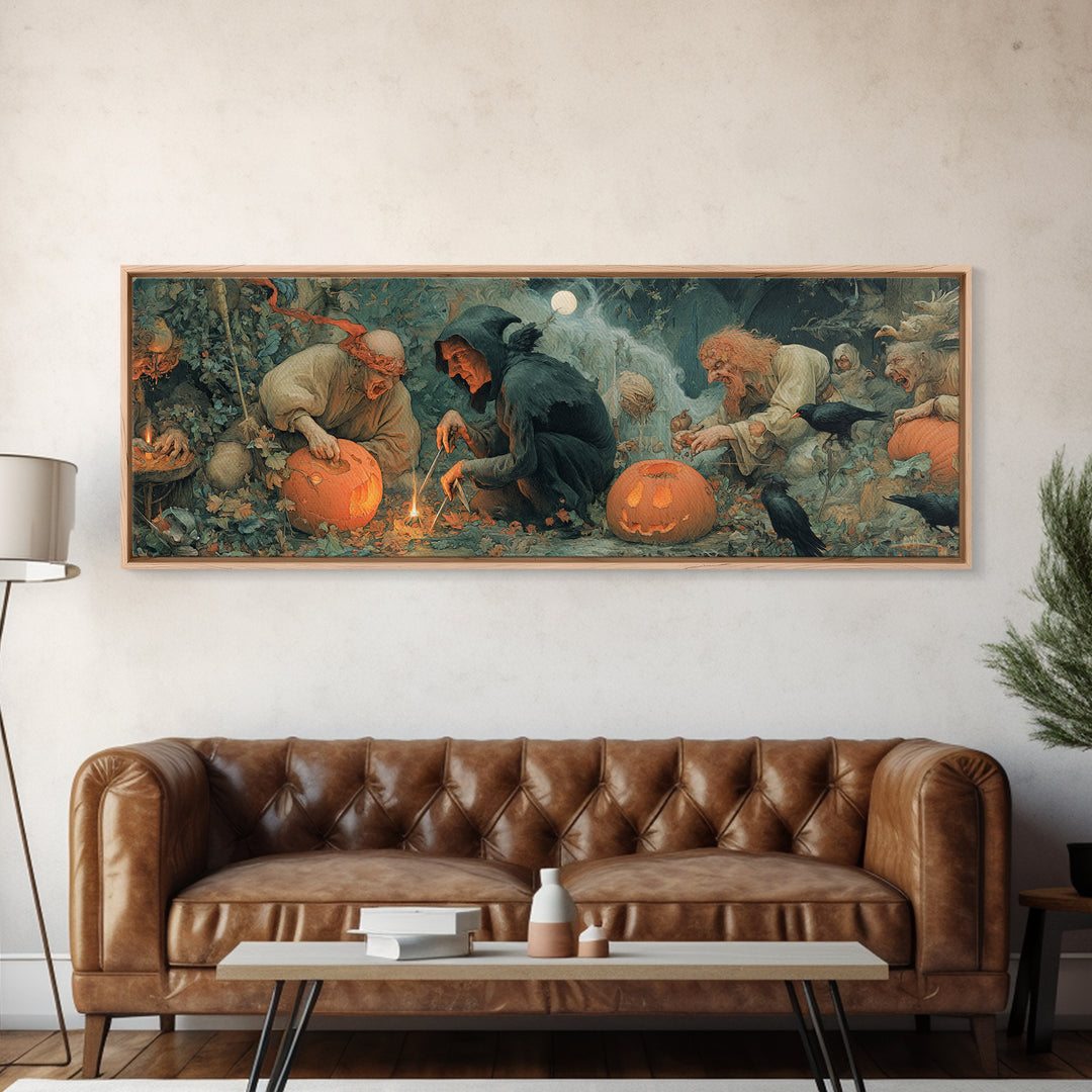 The Pumpkin-Carving Ritual, Medieval Grotesque Art, Extra Wide Wall Art, Gothic Horror Wall Art, Framed Canvas Print