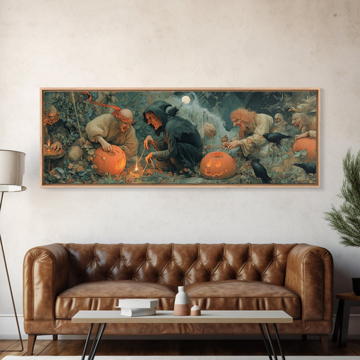 The Pumpkin-Carving Ritual, Medieval Grotesque Art, Extra Wide Wall Art, Gothic Horror Wall Art, Framed Canvas Print