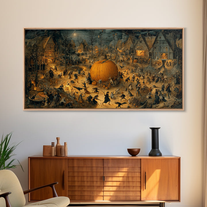 The Pumpkin-Carving Ritual, Northern Renaissance Horror, Wide Panoramic Art, Gothic Horror Wall Art, Framed Canvas Print