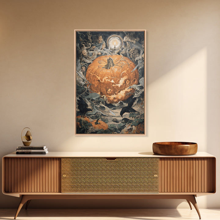 The Pumpkin-Carving Ritual, Dark Renaissance Art, Vertical Wall Art, Macabre Wall Art, Framed Canvas Print, Halloween Wall Art