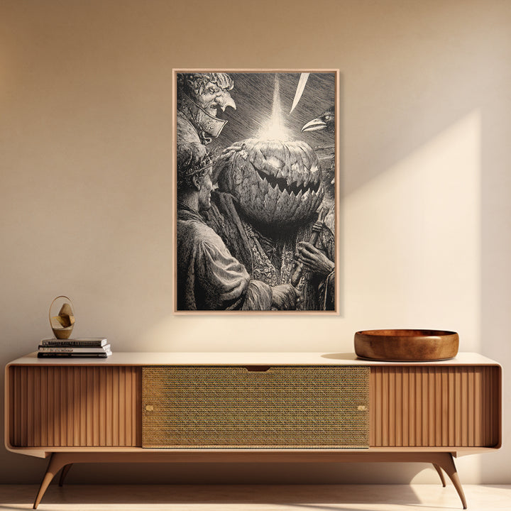 The Pumpkin-Carving Ritual, Renaissance Engraving Art, Vertical Wall Art, Dark Fantasy Wall Art, Framed Canvas Print, Halloween Wall Art