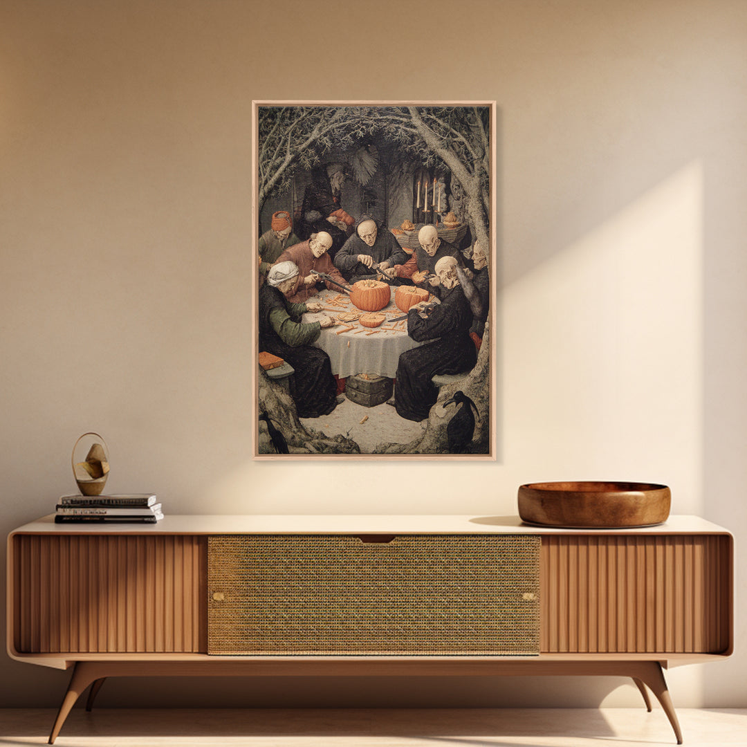 The Pumpkin-Carving Ritual, Danse Macabre Art, Vertical Wall Art, Dark Fantasy Wall Art, Canvas Print, Horror Wall Art