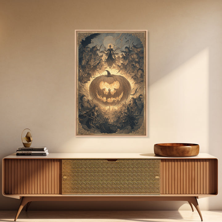 The Pumpkin-Carving Ritual, Visionary Gothic Art, Vertical Wall Art, Macabre Wall Art, Framed Canvas Print, Halloween Wall Art