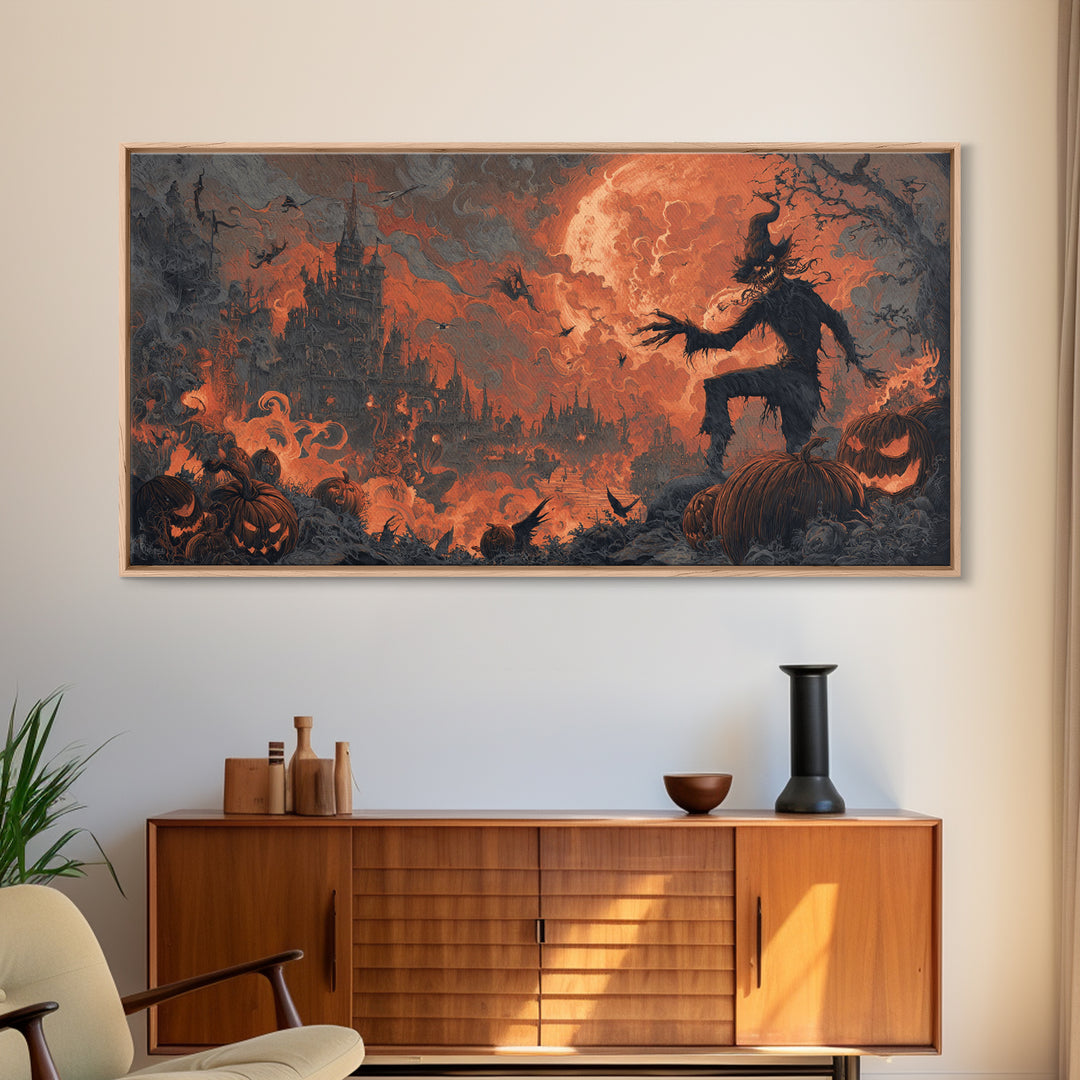 The Pumpkin-Carving Ritual, Apocalyptic Romantic Art, Wide Panoramic Art, Dark Halloween Decor, Canvas Print, Halloween Wall Art
