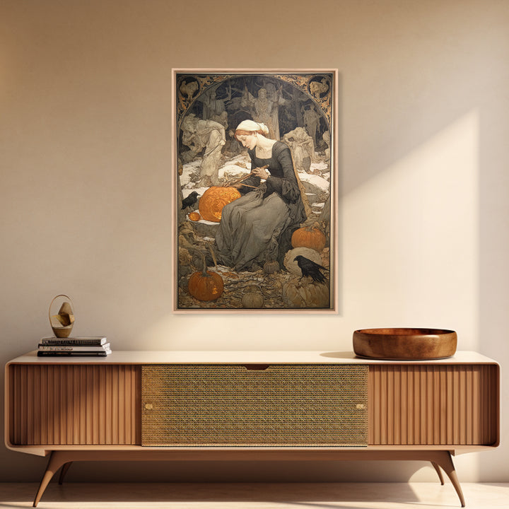 The Pumpkin-Carving Ritual, Symbolist Death Art, Vertical Wall Art, Gothic Horror Wall Art, Framed Canvas Print, Halloween Wall Art