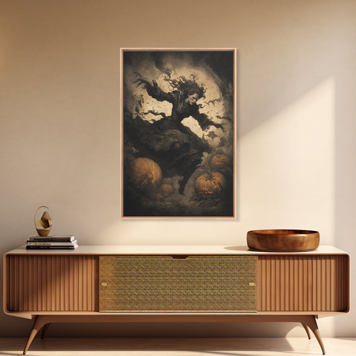 The Pumpkin-Carving Ritual, Dark Symbolist Art, Vertical Wall Art, Gothic Horror Wall Art, Framed Canvas Print, Halloween Wall Art