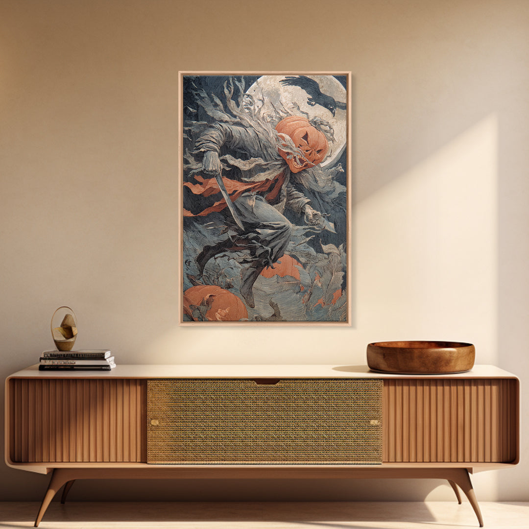 The Pumpkin-Carving Ritual, Symbolist Etching Art, Vertical Wall Art, Dark Halloween Decor, Framed Canvas Print, Halloween Wall Art