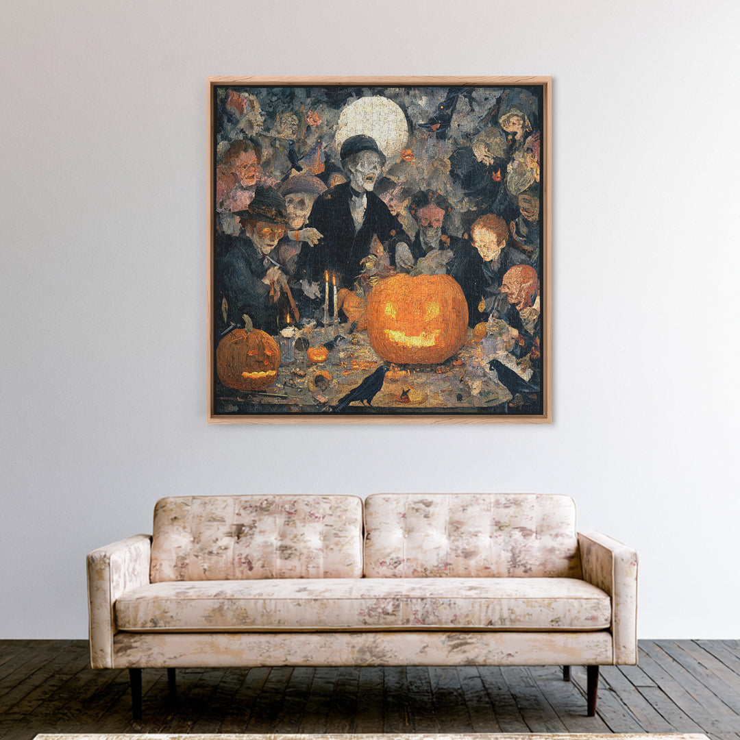 The Pumpkin-Carving Ritual, Grotesque Carnival Art, Square Wall Art, Dark Halloween Decor, Framed Canvas Print, Halloween Wall Art