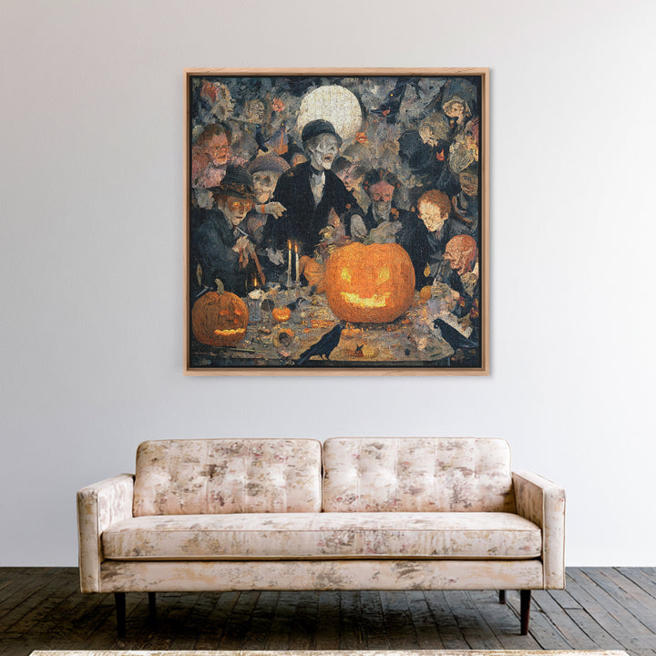 The Pumpkin-Carving Ritual, Grotesque Carnival Art, Square Wall Art, Dark Halloween Decor, Framed Canvas Print, Halloween Wall Art