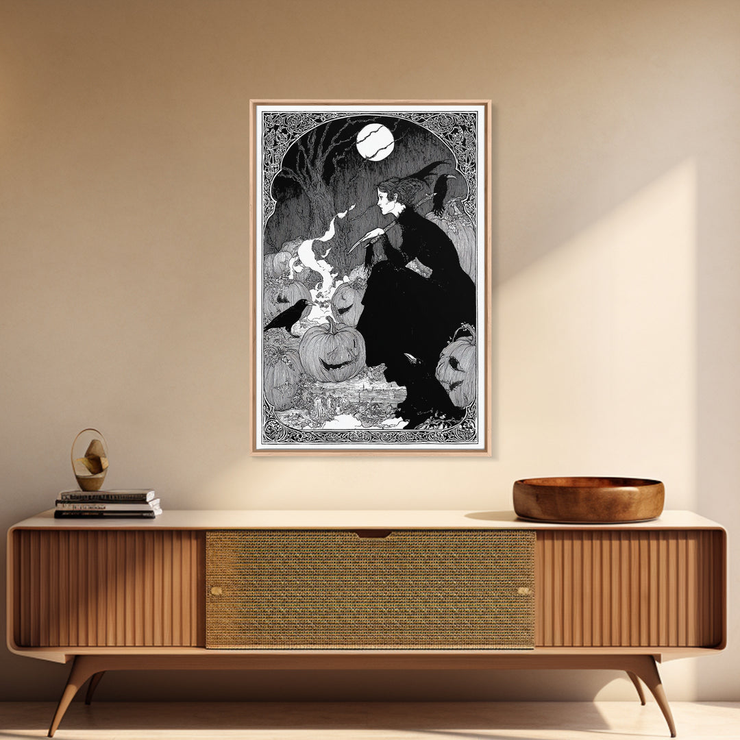 The Pumpkin-Carving Ritual, Decadent Line Art, Vertical Wall Art, Gothic Horror Wall Art, Canvas Print, Halloween Wall Art