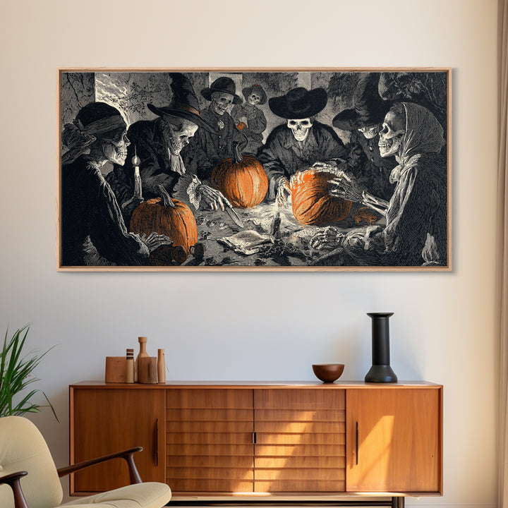 The Pumpkin-Carving Ritual, Macabre Folk Print Art, Wide Panoramic Art, Dark Halloween Decor, Canvas Print, Halloween Wall Art